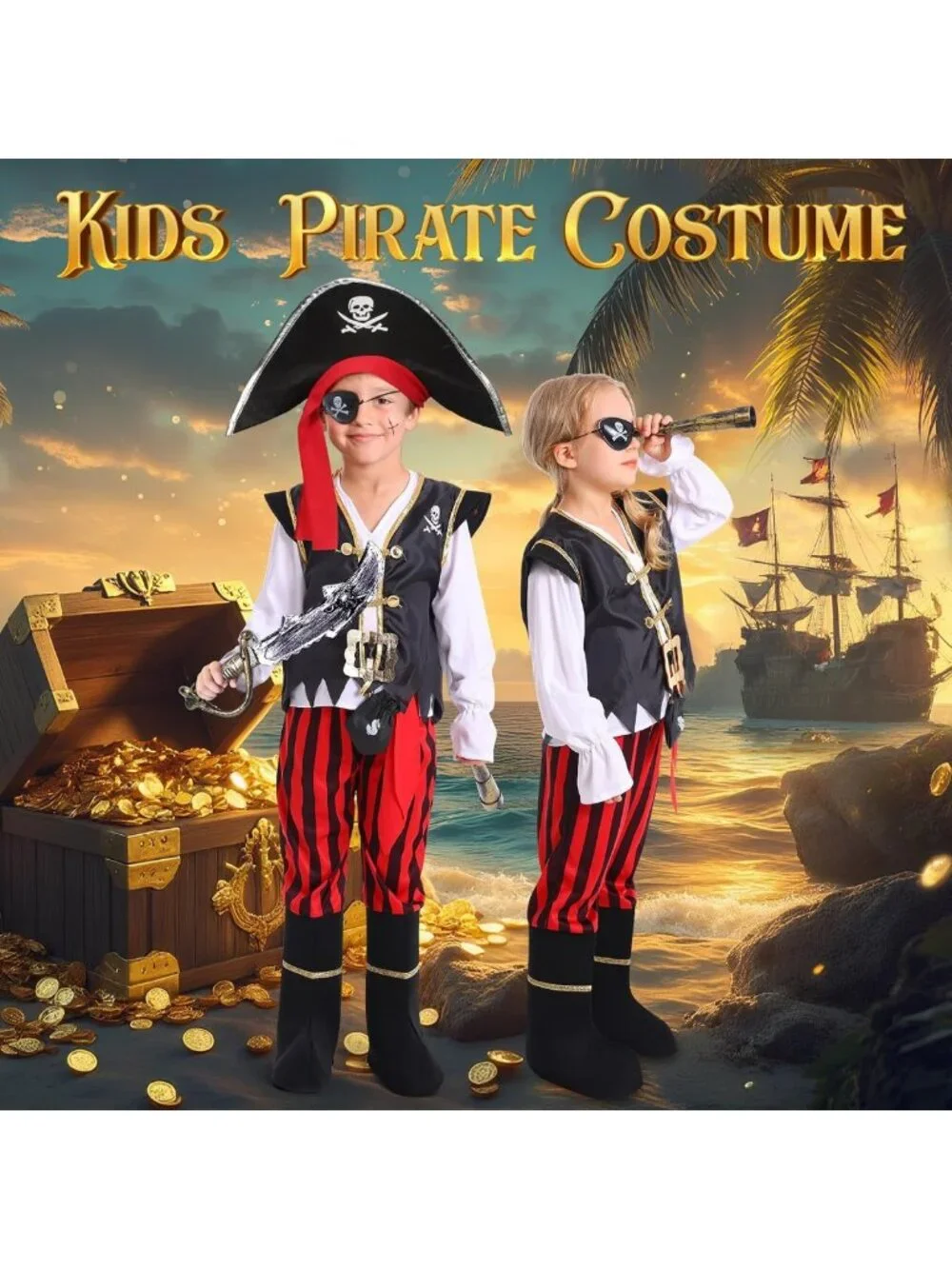 Kids Pirate Costume for Boys - Halloween Dress Up, Toddler Role Play Outfit
